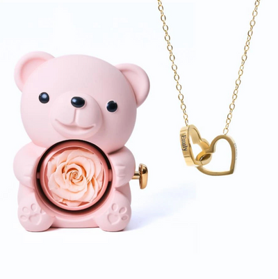 Oso de rosas eternas y collar personalizado