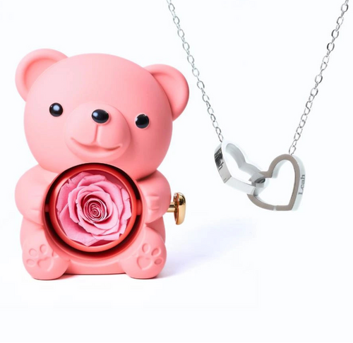 Oso de rosas eternas y collar personalizado