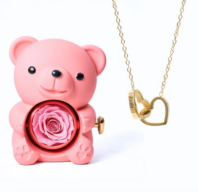 Oso de rosas eternas y collar personalizado