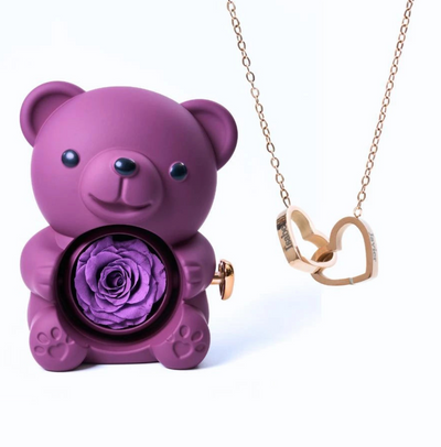 Oso de rosas eternas y collar personalizado