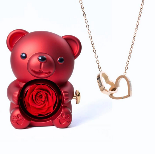 Oso de rosas eternas y collar personalizado