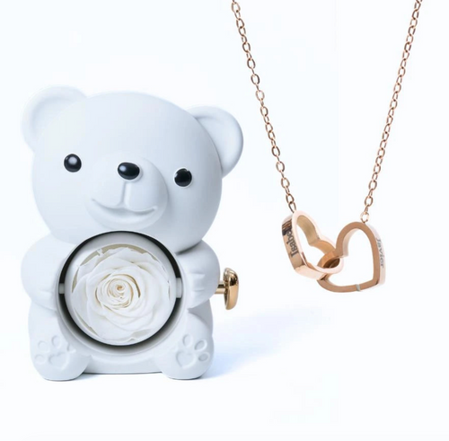 Oso de rosas eternas y collar personalizado
