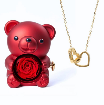 Oso de rosas eternas y collar personalizado
